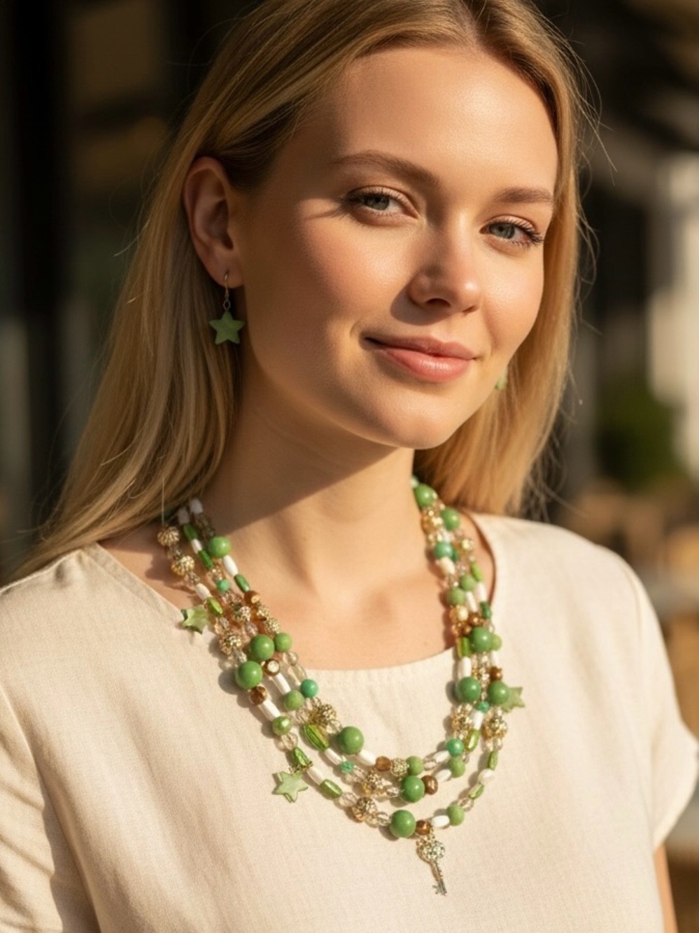 Multi-strand Green Brown Gold Clear White Beaded Necklace and Earring Set